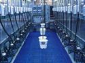 Rubber mats in lowered middle area of an empty dairy parlor where the workers stand and walk as they milk the cows on the raised left and right sides of that area.