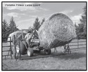 Compact tractor (with â€˜spearedâ€™ big round bale in front and one behind) passing over the cattle guard lying between wooden fence posts and five-rail steel fencing.