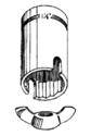 Ink drawing of the tool as described, the cut-out slots ready to be slipped over the wing-nut wings.