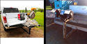 Left pic of back end of white pickup truck with tailgate down & black square metal tubing fastened to hitch with riser & black worktable with chop-saw attached. Rt pick of back of truck with metal tubing rising from hitch & holding a grinder.