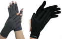 Left pic of 2 hands with compression gloves with open finger tips. Rt pic of 2 hands with full-coverage compression gloves.